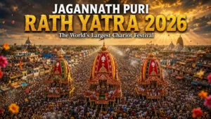 Jagannath Rath Yatra 2026 procession with the three grand chariots in Puri, Odisha.