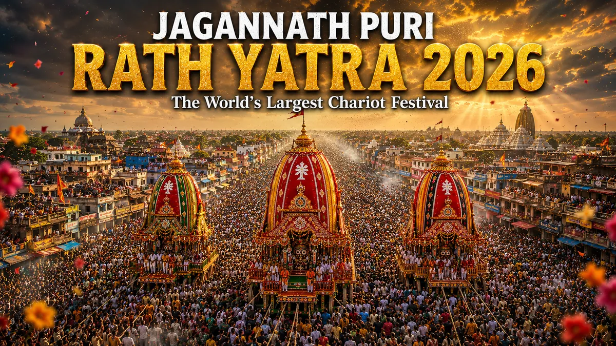 Jagannath Rath Yatra 2026 procession with the three grand chariots in Puri, Odisha.